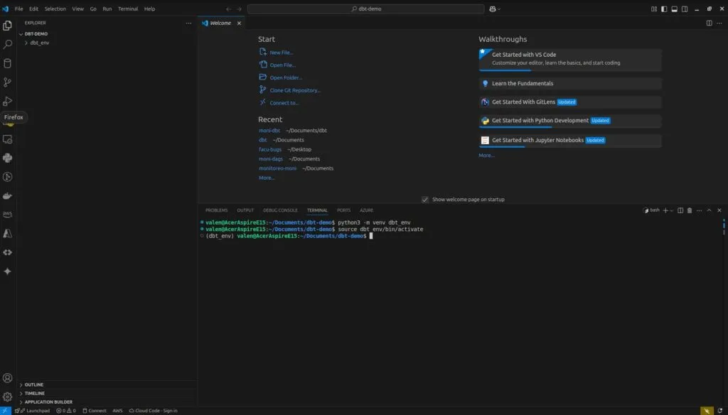 Preparing the virtual environment in VS Code to start working with DBT Core locally.