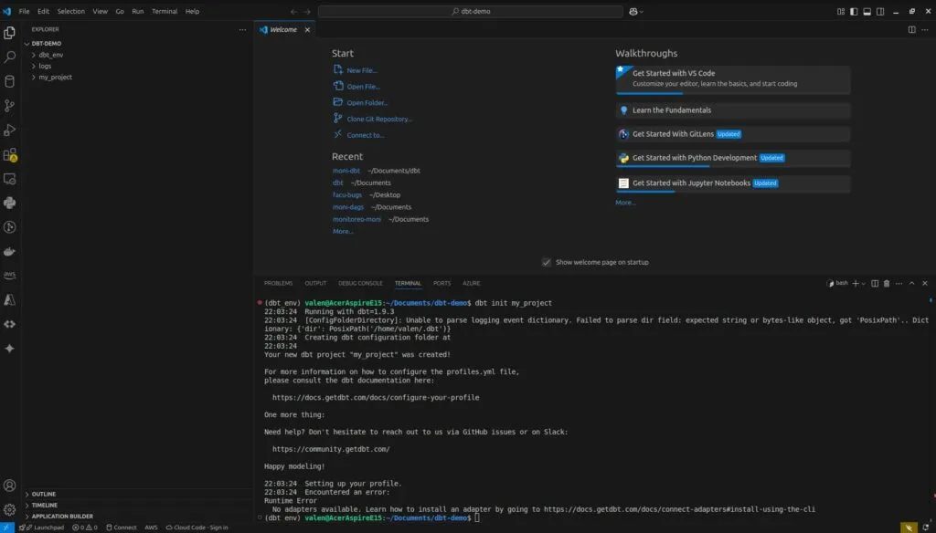 DBT Init: Error due to missing adapter in local environment