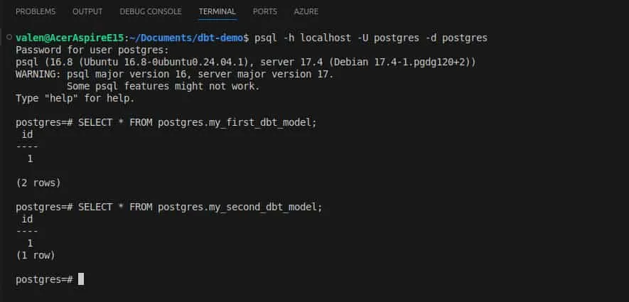 Validating DBT models in Postgres using psql