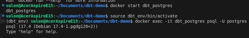 Terminal with docker and psql commands starting the dbt_postgres container and opening a Postgres session
