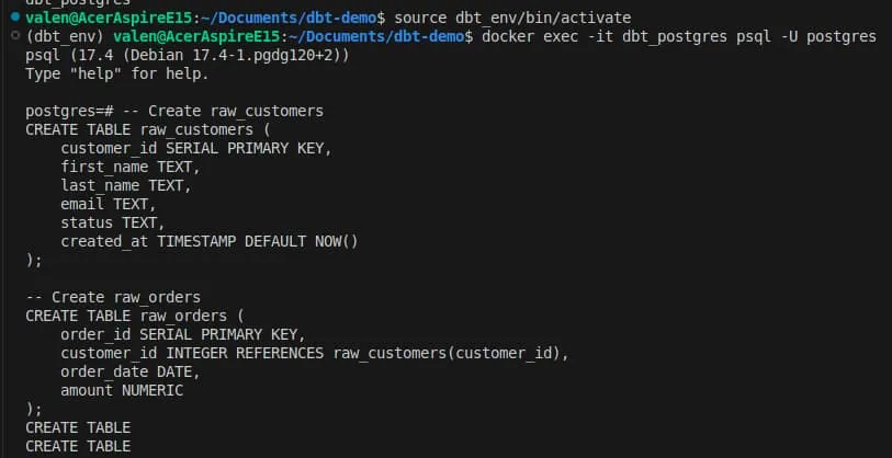 CREATE TABLE commands executed in psql to define raw_customers and raw_orders inside the Postgres container used by dbt