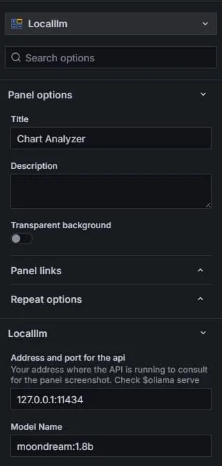 Localllm panel options in Grafana with moondream:1.8b model