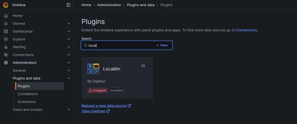 Localllm plugin installed in Grafana from the admin view